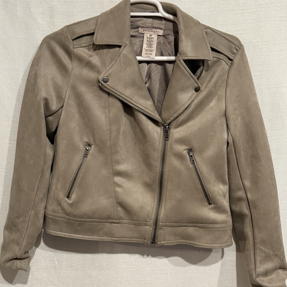 Philosophy‎ Moto Biker Zip Faux Suede Jacket Beige Womens MED Edgy Urban Chic